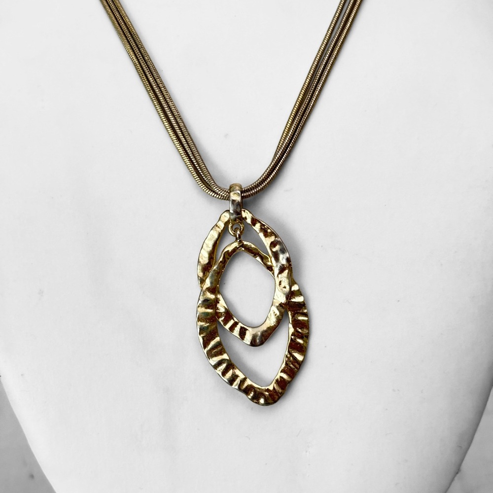 VTG 80s Gold Tone Hammered Marquise Pendant Necklace Multi Strand Dana Buchman